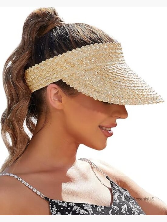 Handwoven Straw Sun Visors for Women, Packable Beach Hat UPF 50+ main image 5